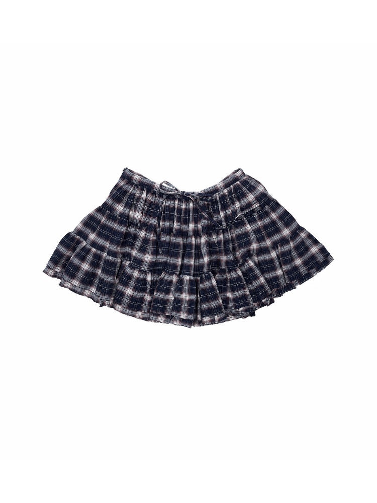 Early Vintage Fitted Plaid Shirt Cake Skirt Pants Two-Piece Set【s0000017837】
