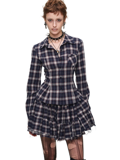 Early Vintage Fitted Plaid Shirt Cake Skirt Pants Two-Piece Set【s0000017837】