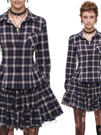 Early Vintage Fitted Plaid Shirt Cake Skirt Pants Two-Piece Set【s0000017837】