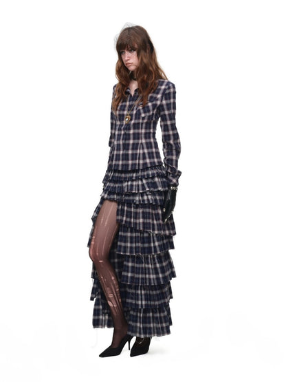 Early Vintage Fitted Plaid Shirt Cake Skirt Pants Two-Piece Set【s0000017837】