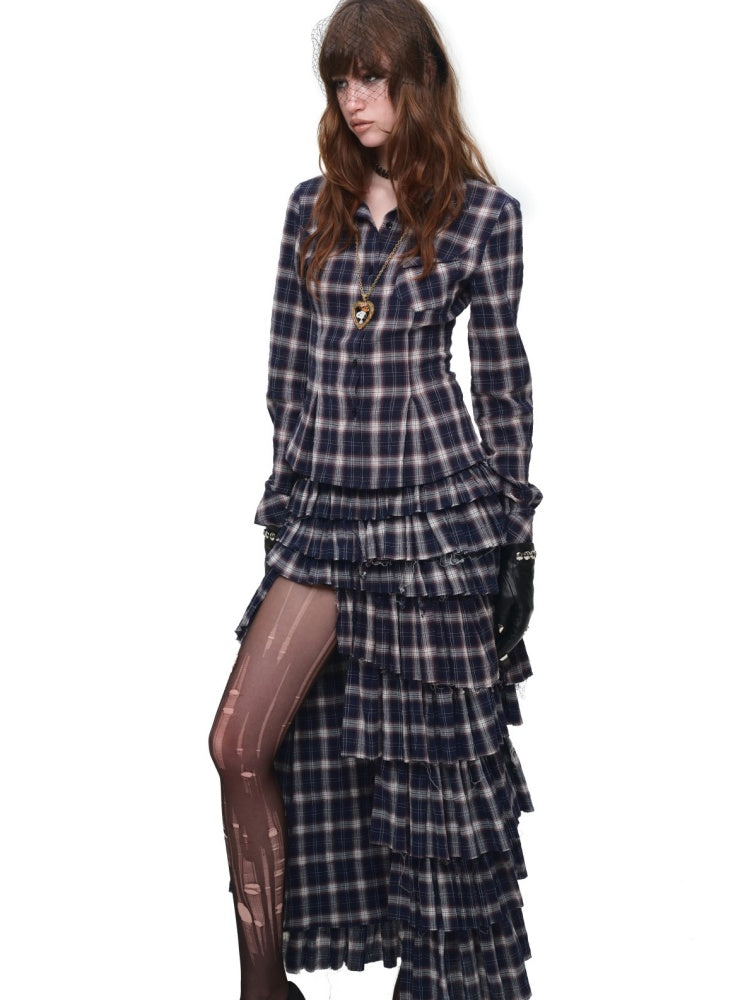 Early Vintage Fitted Plaid Shirt Cake Skirt Pants Two-Piece Set【s0000017837】