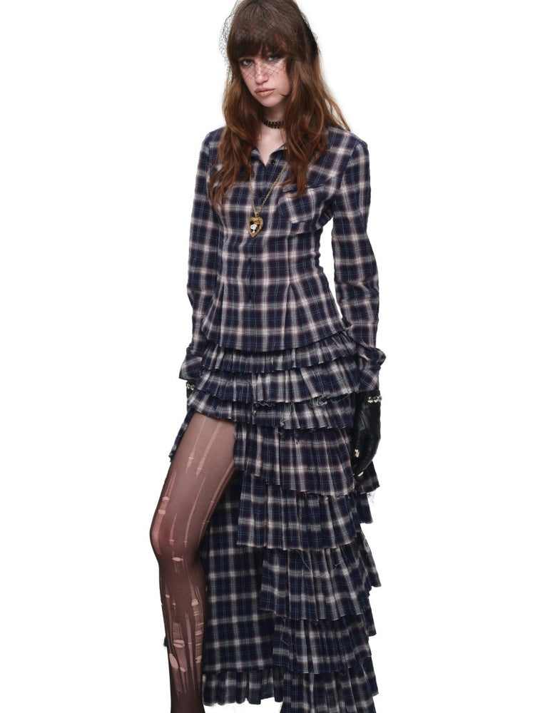 Early Vintage Fitted Plaid Shirt Cake Skirt Pants Two-Piece Set【s0000017837】