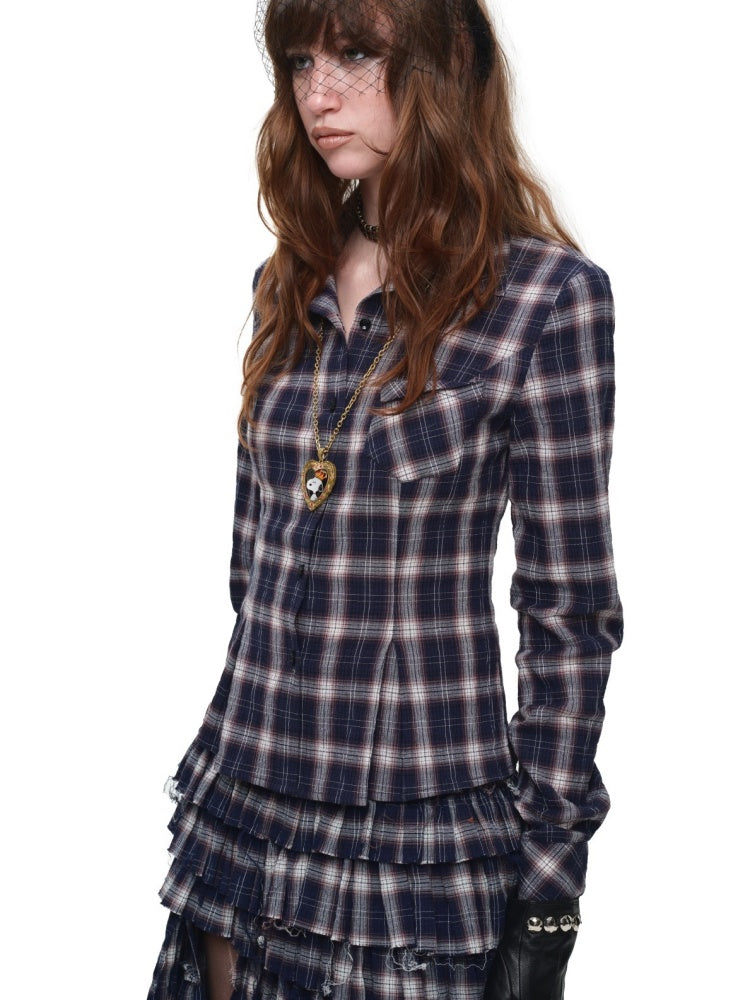 Early Vintage Fitted Plaid Shirt Cake Skirt Pants Two-Piece Set【s0000017837】