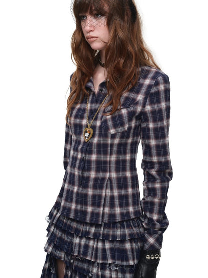 Early Vintage Fitted Plaid Shirt Cake Skirt Pants Two-Piece Set【s0000017837】
