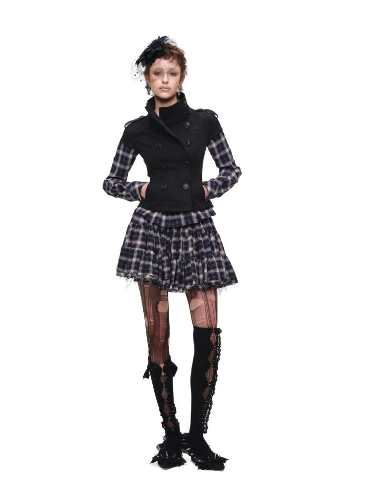 Early Vintage Fitted Plaid Shirt Cake Skirt Pants Two-Piece Set【s0000017837】