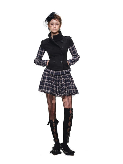 Early Vintage Fitted Plaid Shirt Cake Skirt Pants Two-Piece Set【s0000017837】