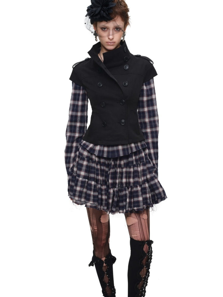 Early Vintage Fitted Plaid Shirt Cake Skirt Pants Two-Piece Set【s0000017837】