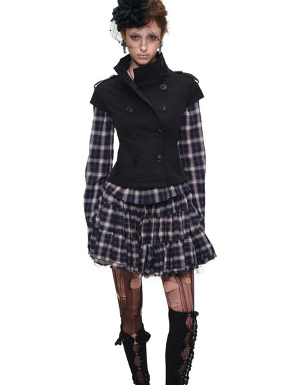 Early Vintage Fitted Plaid Shirt Cake Skirt Pants Two-Piece Set【s0000017837】