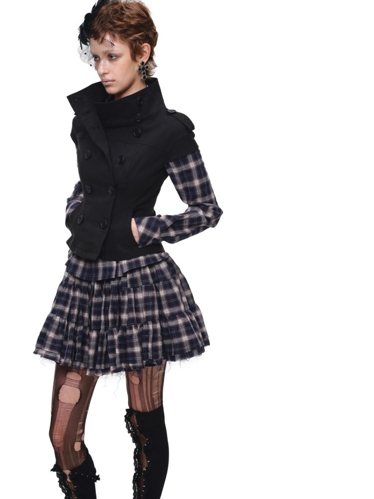 Early Vintage Fitted Plaid Shirt Cake Skirt Pants Two-Piece Set【s0000017837】