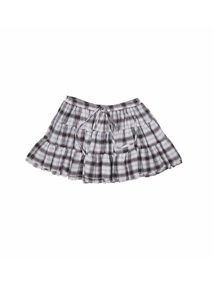 Early Vintage Fitted Plaid Shirt Cake Skirt Pants Two-Piece Set【s0000017837】