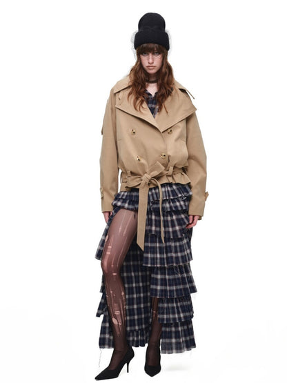 Early Vintage Fitted Plaid Shirt Cake Skirt Pants Two-Piece Set【s0000017837】