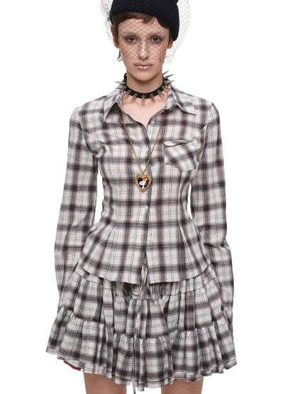 Early Vintage Fitted Plaid Shirt Cake Skirt Pants Two-Piece Set【s0000017837】