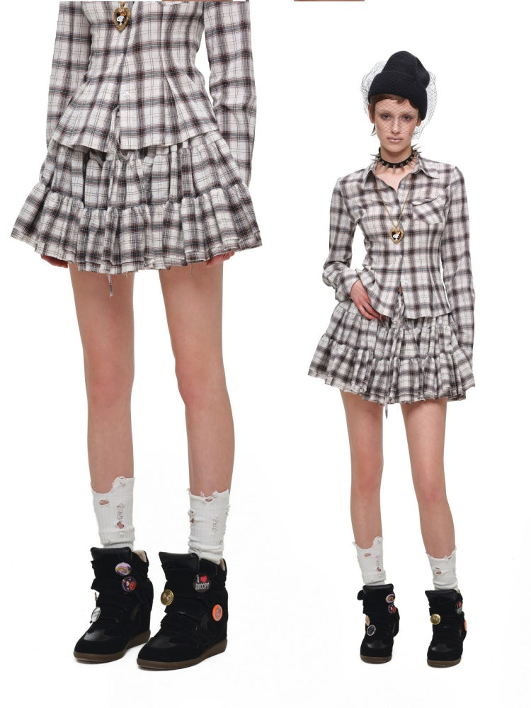 Early Vintage Fitted Plaid Shirt Cake Skirt Pants Two-Piece Set【s0000017837】