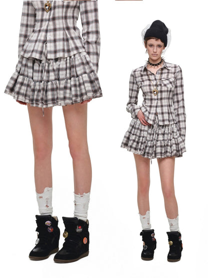 Early Vintage Fitted Plaid Shirt Cake Skirt Pants Two-Piece Set【s0000017837】