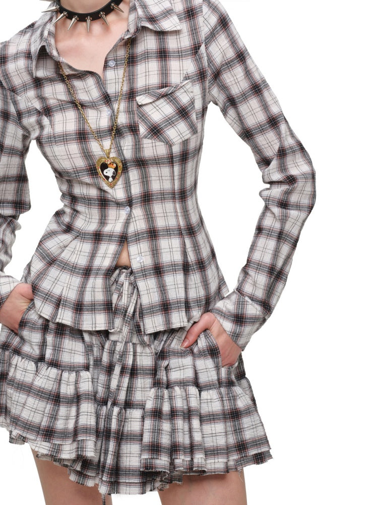 Early Vintage Fitted Plaid Shirt Cake Skirt Pants Two-Piece Set【s0000017837】