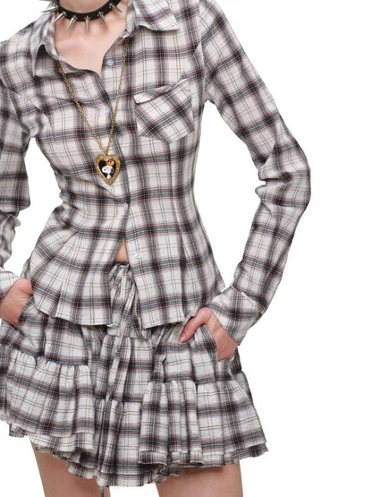 Early Vintage Fitted Plaid Shirt Cake Skirt Pants Two-Piece Set【s0000017837】