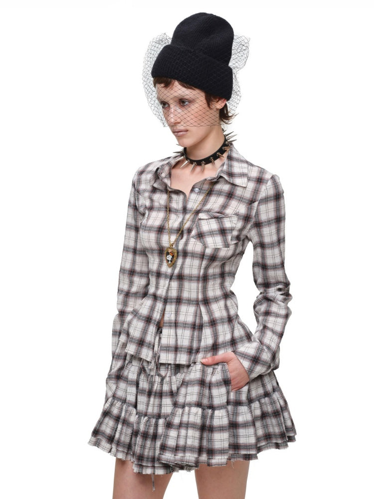 Early Vintage Fitted Plaid Shirt Cake Skirt Pants Two-Piece Set【s0000017837】