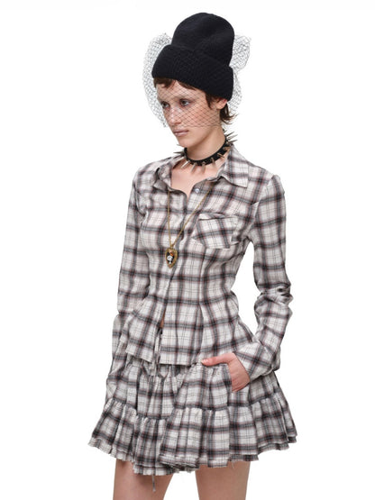 Early Vintage Fitted Plaid Shirt Cake Skirt Pants Two-Piece Set【s0000017837】