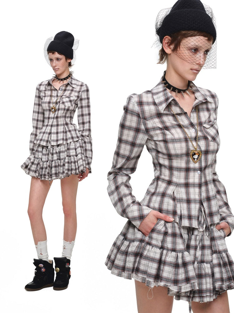 Early Vintage Fitted Plaid Shirt Cake Skirt Pants Two-Piece Set【s0000017837】