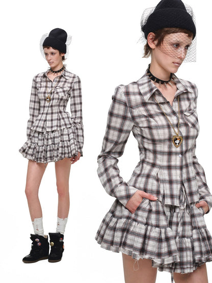 Early Vintage Fitted Plaid Shirt Cake Skirt Pants Two-Piece Set【s0000017837】