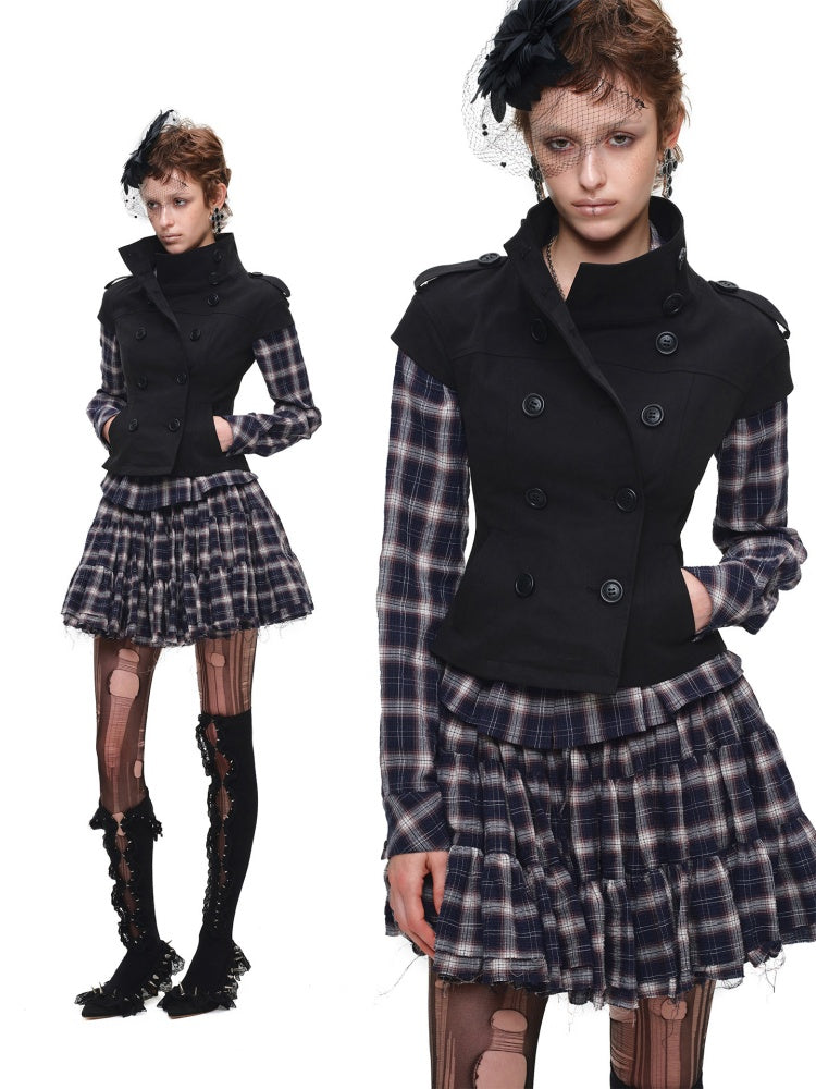 Early Vintage Fitted Plaid Shirt Cake Skirt Pants Two-Piece Set【s0000017837】