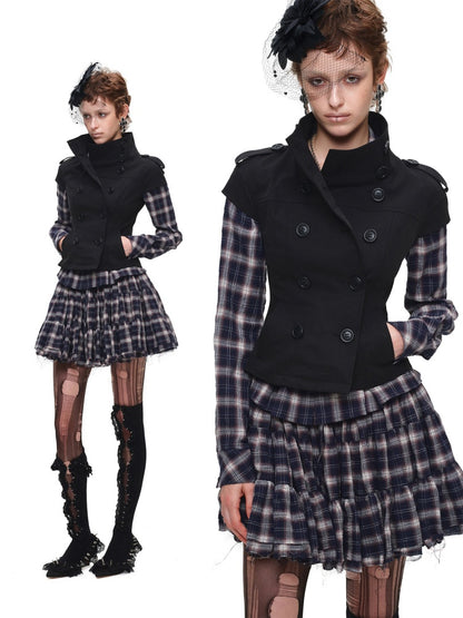 Early Vintage Fitted Plaid Shirt Cake Skirt Pants Two-Piece Set【s0000017837】