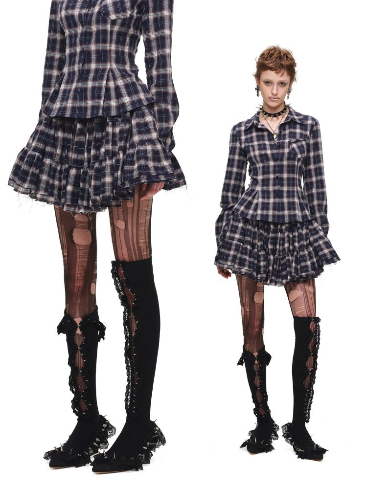 Early Vintage Fitted Plaid Shirt Cake Skirt Pants Two-Piece Set【s0000017837】