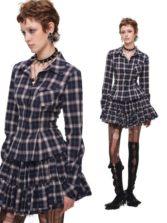 Early Vintage Fitted Plaid Shirt Cake Skirt Pants Two-Piece Set【s0000017837】