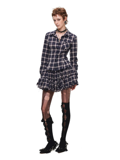 Early Vintage Fitted Plaid Shirt Cake Skirt Pants Two-Piece Set【s0000017837】