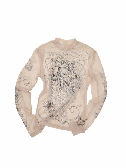 Original Tattoo Print Long-Sleeve Slim-Fit See-Through Mesh Stretch Base Shirt【s0000017838】