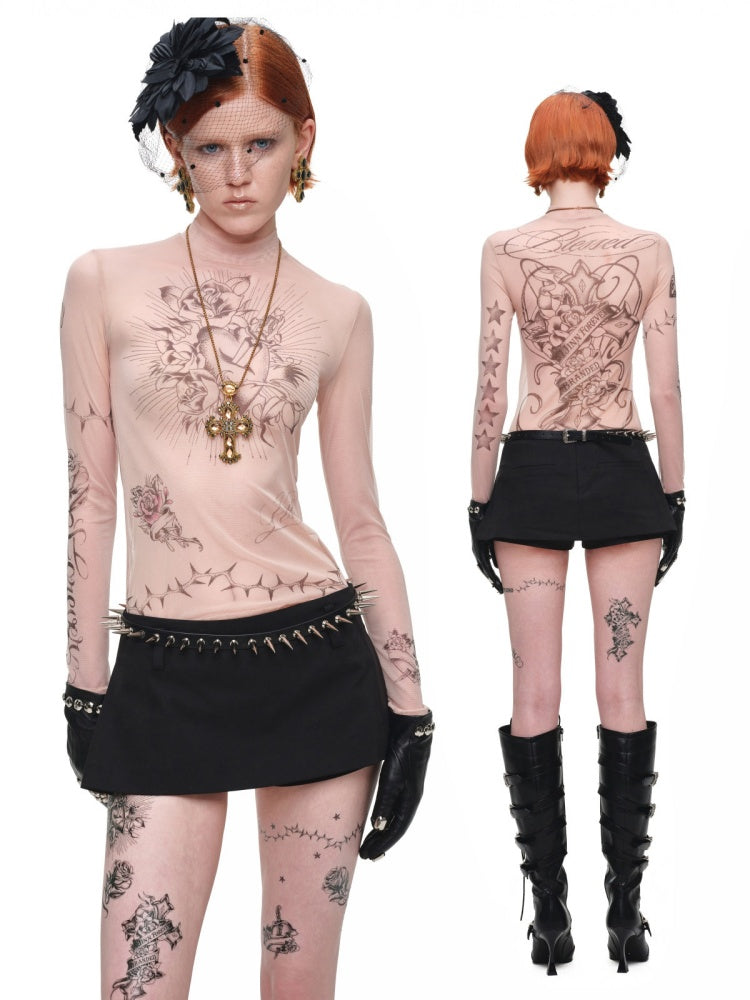 Original Tattoo Print Long-Sleeve Slim-Fit See-Through Mesh Stretch Base Shirt【s0000017838】