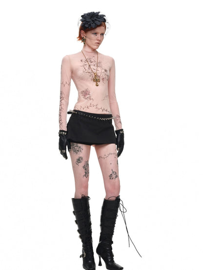 Original Tattoo Print Long-Sleeve Slim-Fit See-Through Mesh Stretch Base Shirt【s0000017838】