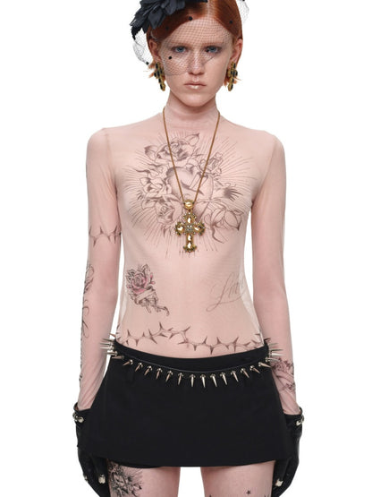 Original Tattoo Print Long-Sleeve Slim-Fit See-Through Mesh Stretch Base Shirt【s0000017838】