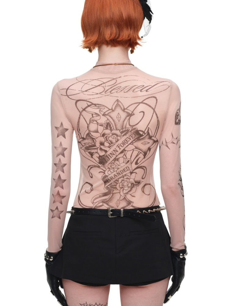 Original Tattoo Print Long-Sleeve Slim-Fit See-Through Mesh Stretch Base Shirt【s0000017838】