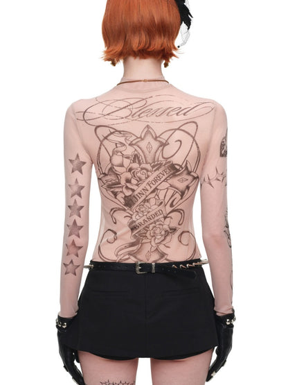 Original Tattoo Print Long-Sleeve Slim-Fit See-Through Mesh Stretch Base Shirt【s0000017838】