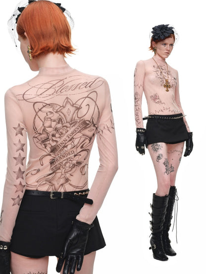 Original Tattoo Print Long-Sleeve Slim-Fit See-Through Mesh Stretch Base Shirt【s0000017838】