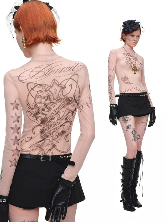 Original Tattoo Print Long-Sleeve Slim-Fit See-Through Mesh Stretch Base Shirt【s0000017838】