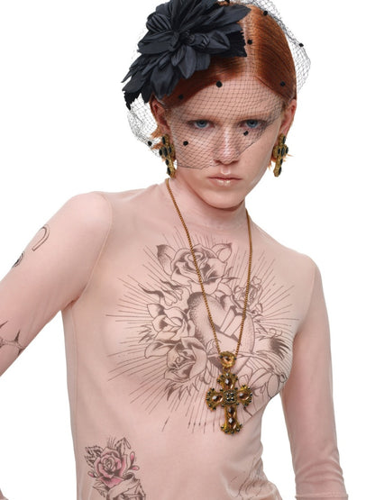 Original Tattoo Print Long-Sleeve Slim-Fit See-Through Mesh Stretch Base Shirt【s0000017838】