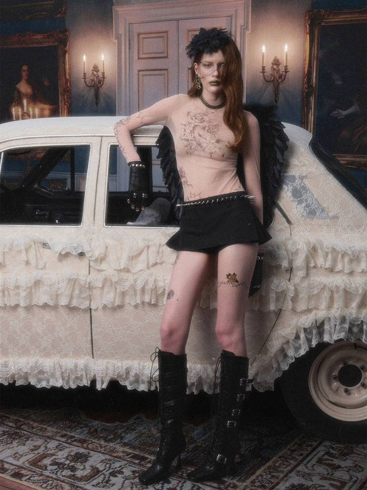 Original Tattoo Print Long-Sleeve Slim-Fit See-Through Mesh Stretch Base Shirt【s0000017838】