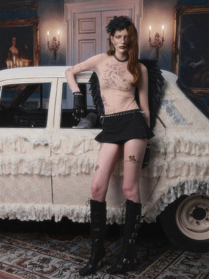 Original Tattoo Print Long-Sleeve Slim-Fit See-Through Mesh Stretch Base Shirt【s0000017838】