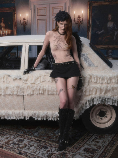 Original Tattoo Print Long-Sleeve Slim-Fit See-Through Mesh Stretch Base Shirt【s0000017838】