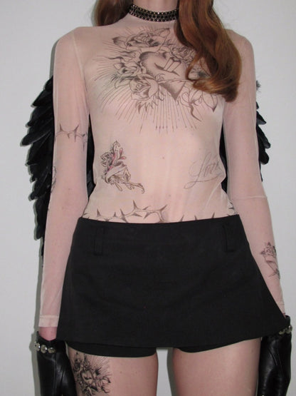 Original Tattoo Print Long-Sleeve Slim-Fit See-Through Mesh Stretch Base Shirt【s0000017838】