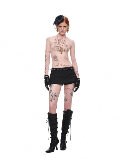 Original Tattoo Print Long-Sleeve Slim-Fit See-Through Mesh Stretch Base Shirt【s0000017838】