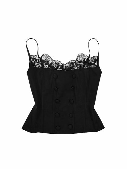 Herringbone Corset Patchwork Lace Faux Two-Piece Waist-Cinching Slimming Double-Breasted Strap Tops【s0000017839】