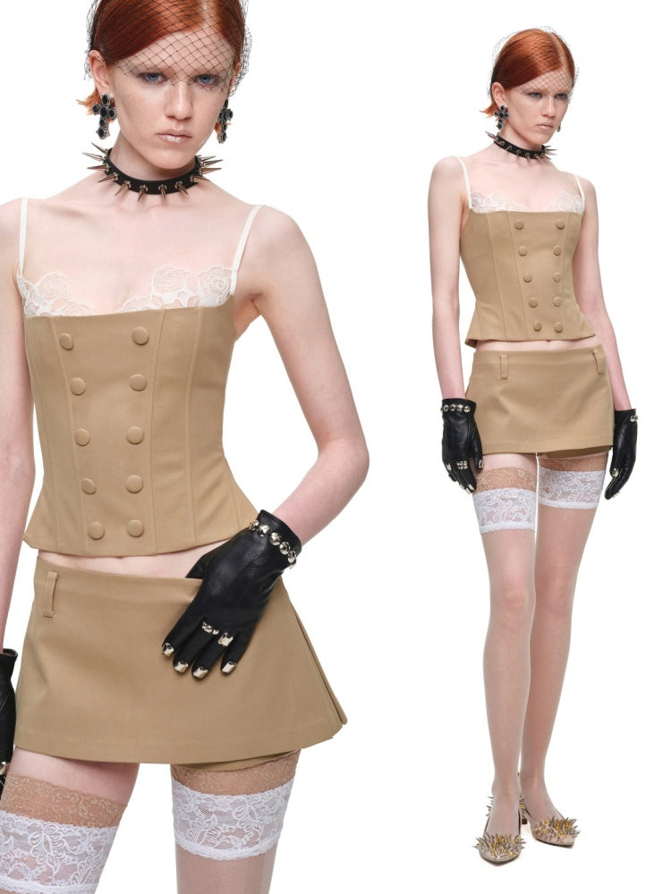 Herringbone Corset Patchwork Lace Faux Two-Piece Waist-Cinching Slimming Double-Breasted Strap Tops【s0000017839】