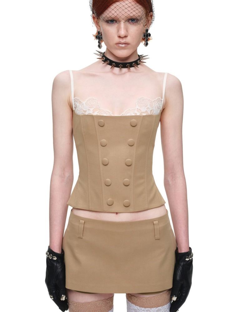Herringbone Corset Patchwork Lace Faux Two-Piece Waist-Cinching Slimming Double-Breasted Strap Tops【s0000017839】