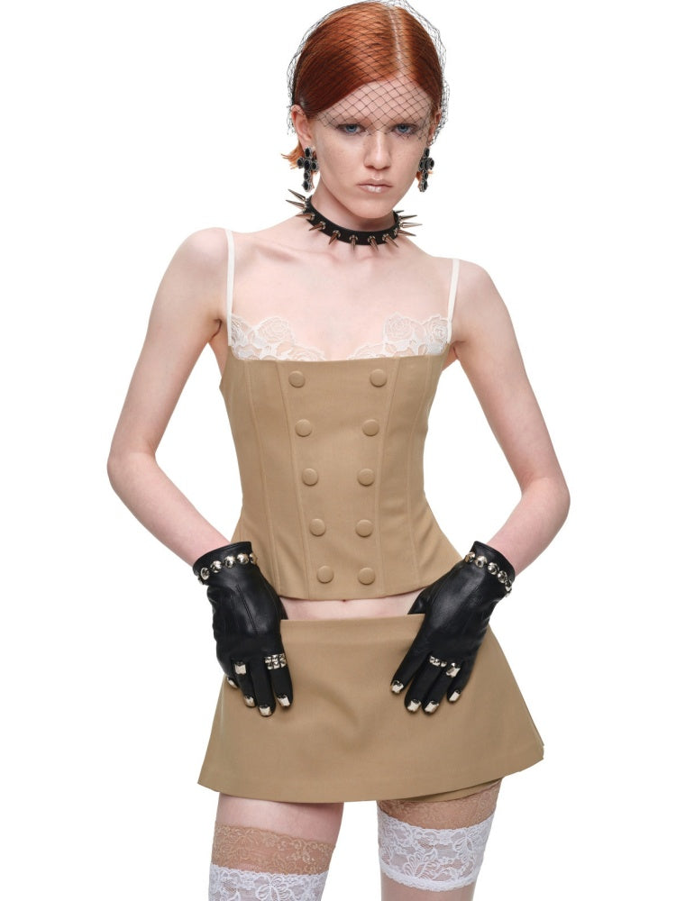 Herringbone Corset Patchwork Lace Faux Two-Piece Waist-Cinching Slimming Double-Breasted Strap Tops【s0000017839】