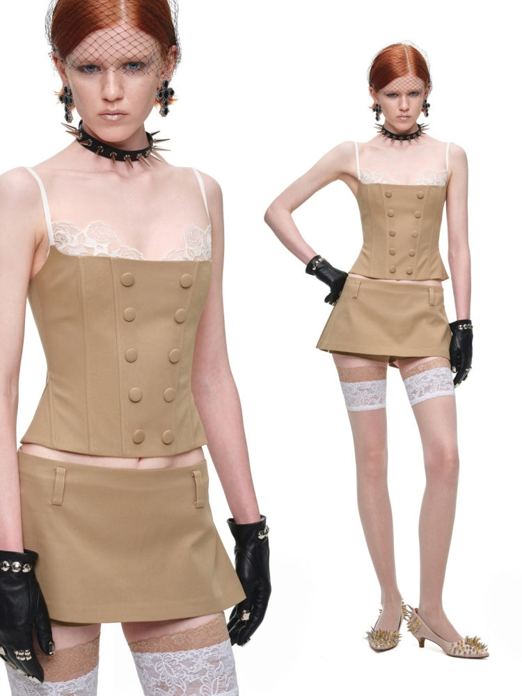 Herringbone Corset Patchwork Lace Faux Two-Piece Waist-Cinching Slimming Double-Breasted Strap Tops【s0000017839】