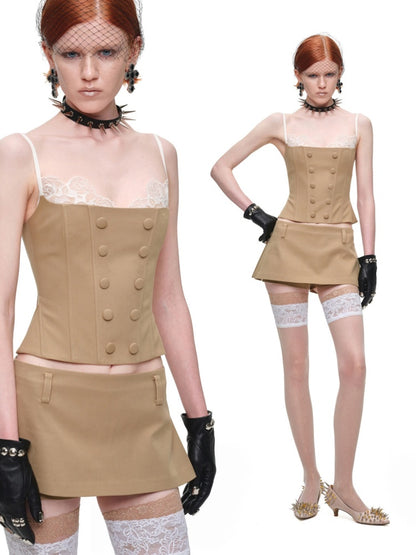 Herringbone Corset Patchwork Lace Faux Two-Piece Waist-Cinching Slimming Double-Breasted Strap Tops【s0000017839】