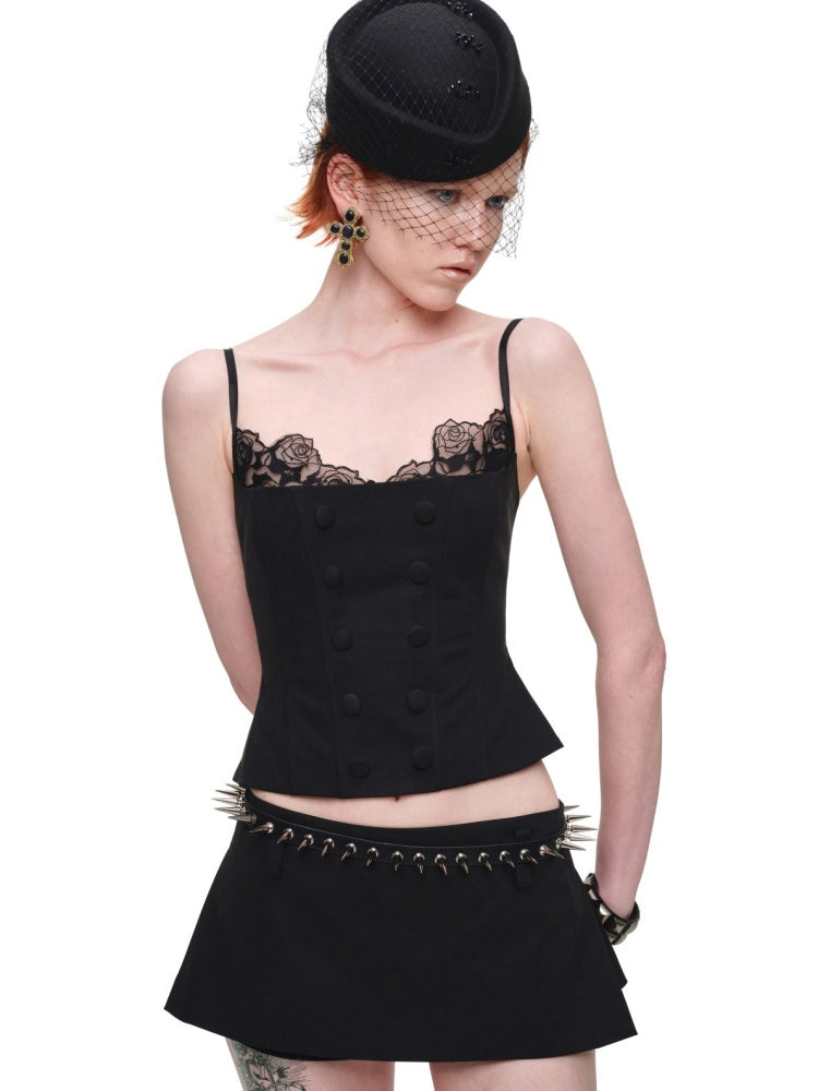 Herringbone Corset Patchwork Lace Faux Two-Piece Waist-Cinching Slimming Double-Breasted Strap Tops【s0000017839】